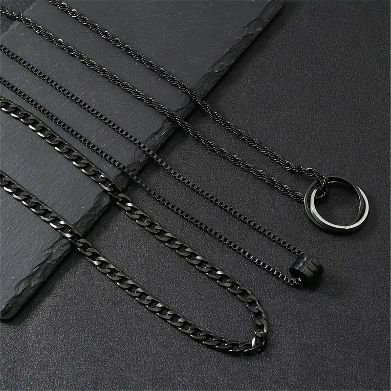 3pcs Men's Stainless Steel Black Cuban Twist Chain Set with Accessories