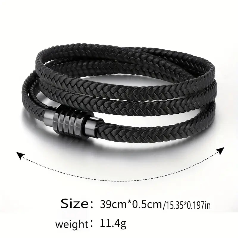 Men's Vintage Dual-Layer Braided PU Leather Bracelet with Magnetic Clasp
