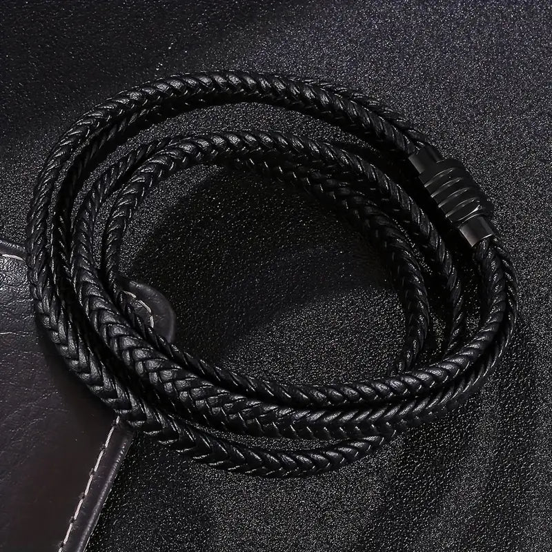 Men's Vintage Dual-Layer Braided PU Leather Bracelet with Magnetic Clasp