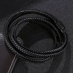Men's Vintage Dual-Layer Braided PU Leather Bracelet with Magnetic Clasp